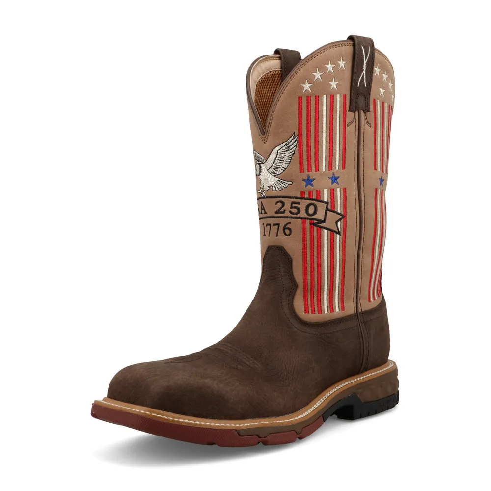Twisted X 12″ Western Work Boot Dark Chocolate, Tannin, / Red, White, / Blue
